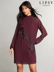 Lipsy Red Petite Long Sleeve Hand Embellished Artwork Mini Shift Dress (F27443) | $88