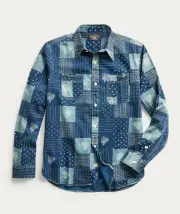 RRL Ralph Lauren Patchwork Print Indigo Blue Workshirt Shirt Men's Large L