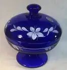 Fenton Art Glass Hand Painted White Flowers And Yankee Scroll Cobalt Candy Box
