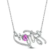 Oval Lab-Created Pink Sapphire and Diamond Accent "Strong" Script Necklace in Sterling Silver