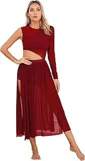 [Raenseen] Women Elegant Lyrical Dance Maxi Dress - Contemporary Cutout Costume with Round Neck, Side Split, Stage Performance