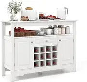 Costway Buffet Sideboard, Wine Liquor Coffee Bar Cabinet w/Removable Wine Rack, Floor Pantry Cupboard w/ 2 Doors & Drawer, Multipurpose Storage Cabinet TV Stand for Kitchen, Dining Room (White)