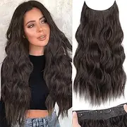 Invisible Wire Hair Extensions with Transparent Wire Adjustable Size 4 Secure Clips Long Wavy Secret Hairpiece 20 Inch Dark Brown for Women