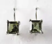 Faceted Moldavite 5mm Square Cut Leverback Sterling Silver Earings with COA