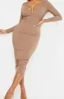 Ribbed Button Front Long Sleeve Midi Dress US 4 Mocha