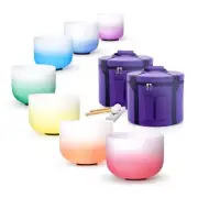 432HZ Color Chakra Frosted Quartz Crystal Singing Bowls 6-12" Set of 7pcs Yoga