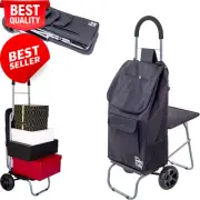 Trolley Dolly with Seat, Black Shopping Grocery Foldable Cart Tailgate