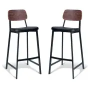 Set of 2 - Espriit Enfys Industrial Bar Stool 75cm - Black Frame - Walnut Back - Black cushion Seat