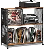 Record Player Stand, 3 Tier Vinyl Record Storage for Up to 300 Albums, Turntable Cabinet with 4 Adjustable Dividers, Record Player Table for Living Room Bedroom Office
