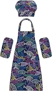 AIXIWAWA Kids Apron Chef Hat Set, Child Kitchen Bib Aprons Adjustable for Cooking Baking Painting (Cute Line Fish)