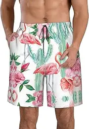 [OAROK] Cactus Flamingo Rose Flowers Men's Casual Beach Shorts Quick Drying Shorts Men's Stretch Swim Trunks Daily Wear Style, White, Small