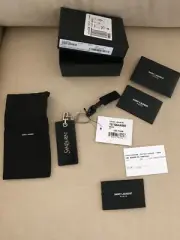 $395 NWT Auth Saint Laurent YSL Keyring Black Leather Silver Logo-Lettering wBox