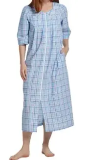 Miss Elaine 3/4-Sleeve Plaid Zip Seersucker Robe - Navy Turquoise Plaid Medium