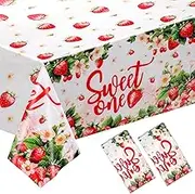2pcs Strawberry Party Tablecloth, 130x220cm/51x86.6in Plastic Rectangle Table Cover Strawberry Birthday Decorations for Strawberry Shortcake Baby Shower Party Decorations