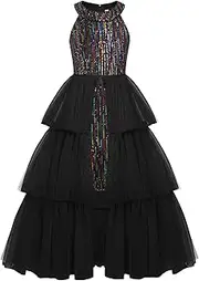 [Seanrui] Girls Sequin Dress Halter Formal Special Occasion Dress with Three Layer Mesh Size 5-14Y