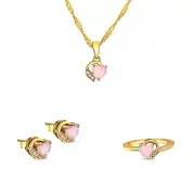 Pink Opal Pendant Earring Ring Necklace Set 925 Sterling Silver Women Set