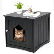 Costway Cat Litter Cabinet Enclosed Kitten Little Box Wooden Side Table Cat House Hidden Pet Furniture Black