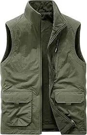 [Generic] Men's Double-Sided Vest Multi Pocket Winter Thick Sleeveless Outerwear Polar Fleece Zipper Vest Jacket, Military Green, 4X-Large