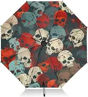[PDZRMY] Rainbow Skull Symphony UV Protection Travel Umbrella Compact for Rain and Sun - Auto Open and Close UPF 50+ Windproof Portable 46” Sun Umbrella for Women and Men