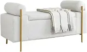Bed End Bench Elegant Upholstered Linen Storage Bench with Cylindrical Arms & Iron Legs for Hallway Living Room Bedroom Bedroom Bench(White)