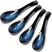 Geiserailie 4 Pieces Asian Ceramic Soup Spoons Set Long Handle Chinese Spoons Retro Blue Japanese Ramen Bowl Soup Spoon Suitable for Soup, Gravy, Cake, Oatmeal, Dumplings
