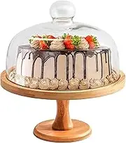 CHONYI Wood Cake Stand with Glass Lid,12 inch Round Cake Holder Plate and Glass Cover with Detachable Base,Wedding Dessert Display Stand for Birthday, Party