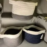 Set Of Three (3) Round Woven Storage Baskets /Handles - 1 Blue / 2 Grey