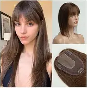 14 Inch Human Hair Topper with Bangs, Natural Brown Remy Hair Pieces for Women 4"×5.5" Silk Base Clip In Straight Hair Topper for Thicking Hair