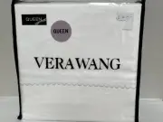 Vera Wang White with Silver Simple Scallop 4~pc SATIN WEAVE QUEEN Sheet Set NWT