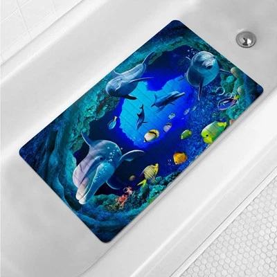 Navy Blue Non Slip Bath Tub Mat Ocean Shower Mat Non-Slip Cute Dolphin Blue S...