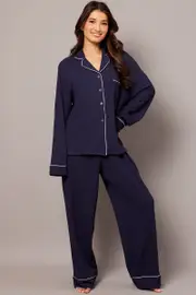 Blue PJ Set Long Leg Contrast Piping Textured Fabric - Size S, Women's Pj Set