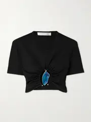 [Christopher Esber] Christopher Esber - Moodstone Embellished Cropped Ruched Ribbed Stretch-jersey Top - Black - UK 14 UK 14 Black