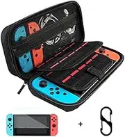 SURPHY Carrying Case for Nintendo Switch, Glass Screen Protector and Portable Switch Travel Bag with 20 Game Cartridges for Nintendo Switch Console & Accessories (Black, Nylon), with Carabiner