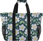 [sanluoli] Tote Foldable Beach Tote Bag Water Resistant Canvas Tote Bag For Car, White Fake Sequin Flowers, 1 size