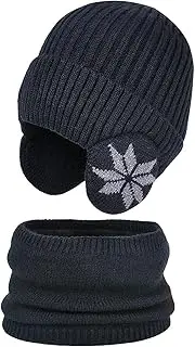 [WANYI] Winter Beanie Hat Scarf Set Unisex Winter Knit Earflap Hat and Circle Scarf Warm Fleece Lined Earflaps Beanie Hat Windproof Skull Cap for Outdoor Walking Running Skiing Cycling