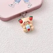Animal Phone Port Dust Plug - Apple Lightning / USB Type C / Android Micro USB Bear & Drink - Beige & Blue - Type C