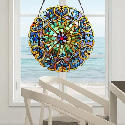 Window Panel Multi-Colored Stained Glass Spider Webbed Heart Pattern Handcrafted