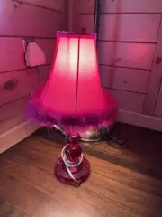 Retro Boudoir Table Clapper Lamp Pink Bubble Shape With Feather Boa Rim Shade