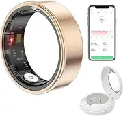Smart Fitness Ring, Fitness Tracker Sleep Step Counter with Charging Compartment, Photo Control, Up to 10 Day Battery Life, 5ATM Waterproof, Compatible with iOS Android Phones Gold 7#