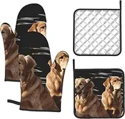 4 pcs Oven Mitts and Pot Holders Set 500°F Heat Resistant Oven Gloves and Hot Pads Kitchen Mittens Golden Retrievers Cooking Gloves Potholders for Baking Grilling