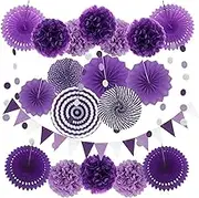 21Pcs Paper Fan Set, Pom Poms Garlands Swirl Streamers Honeycomb Ball, Hanging Paper Fans, Party Decoration Kit, Multi-Size Decorative Fans Flowers for Birthday Parties Weddings Celebrations (Purple)