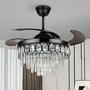 FanLighting 42 Inch Invisible Reversible Ceiling Fan with LED Lights and Remote Control, 4 Retractable Blades Fan Chandelier for Living Room, Indoor Crystal Ceiling Light Kits with Fans (Black)