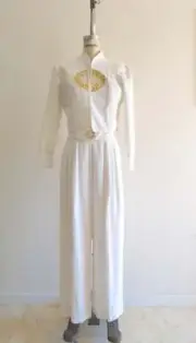 1980S Harem Mandarim Pant Suit Japanese White/Gold Mandala Cropped Jacket Blazer