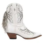 Corral Boots Tooled Inlay Fringe Pointed Toe Cowboy Booties Womens White Casual