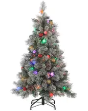 Sterling Tree Company 4.5ft Pre-Lit Flocked Hard Needle Pine With Ornaments And 50 G40 Multi-Colored Led Glass Bulbs