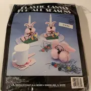 Easter Rabbit Plastic Canvas Pink BUNNY ON PARADE Candle Holder & Coaster Set