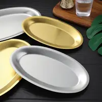 在飛比找ETMall東森購物網優惠-韓式304不銹鋼橢圓盤金色燒烤盤蒸魚盤平底托盤商用大號蛋形盤