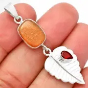 Natural Sunstone - Namibia & Garnet 925 Sterling Silver Pendant Jewelry P-1539