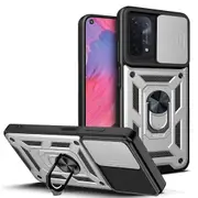 case For Oppo A74 5G /A93 5G /A54 5G Slide Camera Lens Protection and Built in 360 Rotatable Ring Holder - Silver