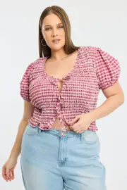 Red Check Shirred Top Short Sleeve Tie Front